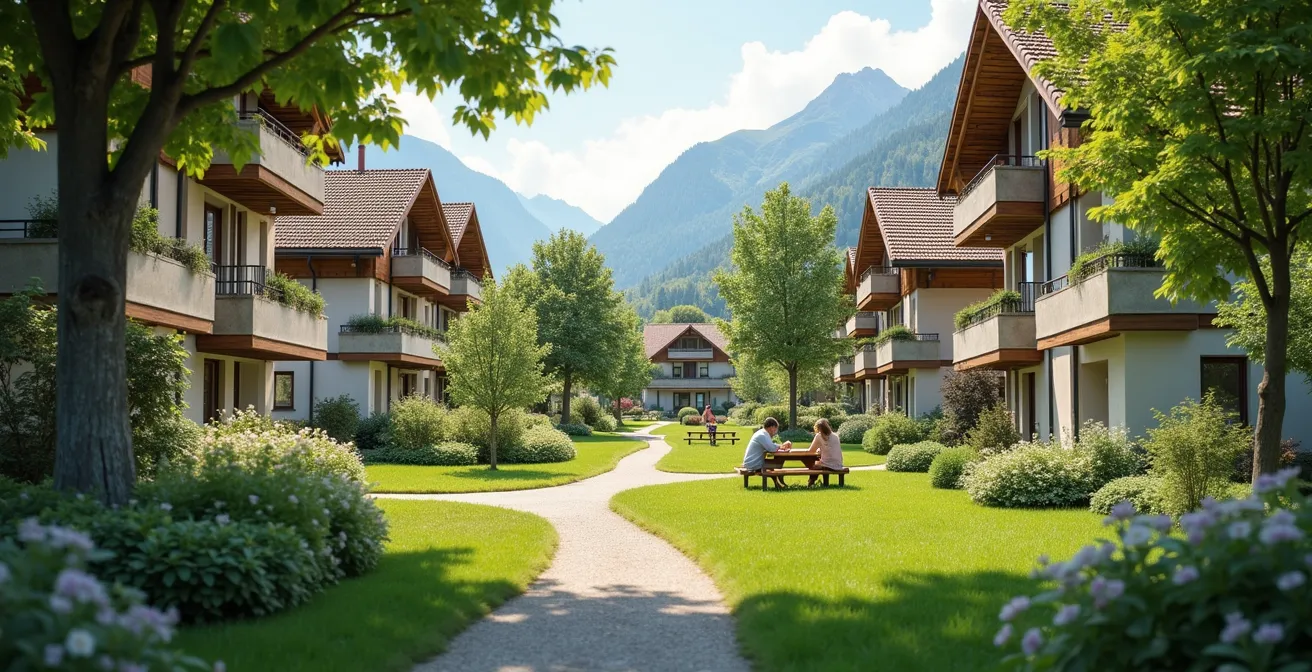 Photo réaliste d’un quartier résidentiel suisse harmonieux avec espaces verts et habitants en interaction, lumière naturelle douce