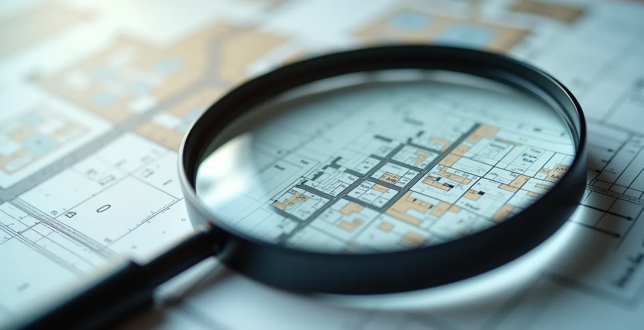Gros plan macro-détail d'une loupe examinant une carte cadastrale et des données de prix au m² de propriétés suisses, symbolisant l'analyse minutieuse d'une estimation précise