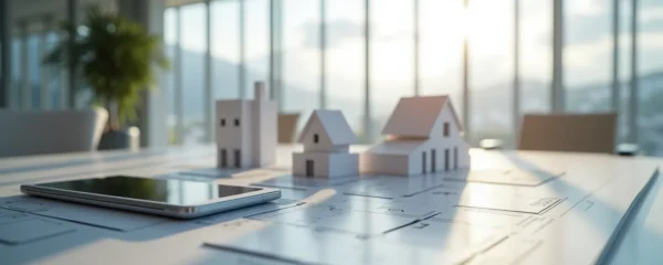 Espace de travail professionnel avec indicateurs de performance immobilière en Suisse romande, outils d'analyse et documents stratégiques en vue macro détail
