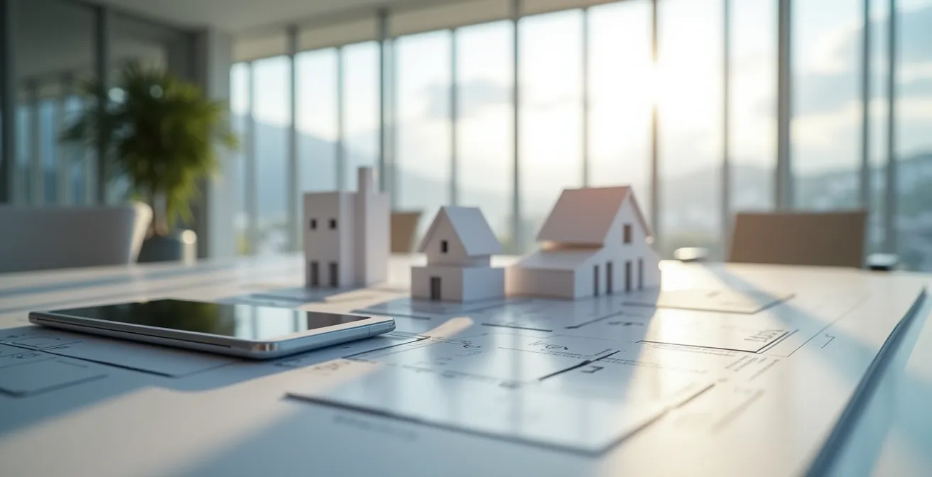 Espace de travail professionnel avec indicateurs de performance immobilière en Suisse romande, outils d'analyse et documents stratégiques en vue macro détail