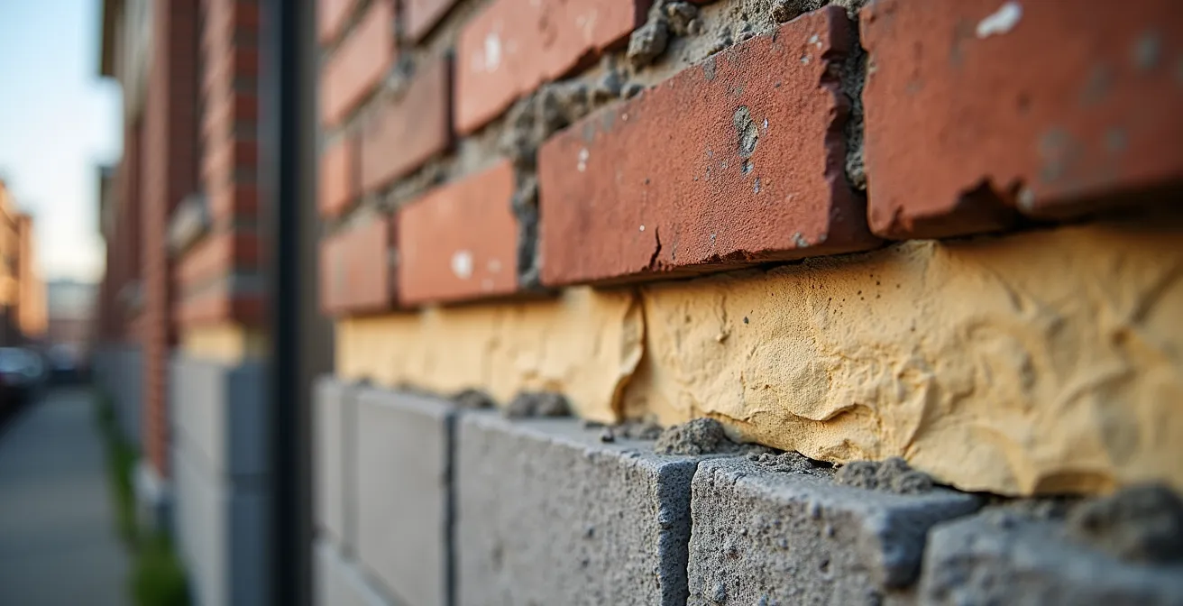 Gros plan réaliste sur des matériaux de construction d'un bâtiment en copropriété mettant en évidence les textures de la façade et des toitures