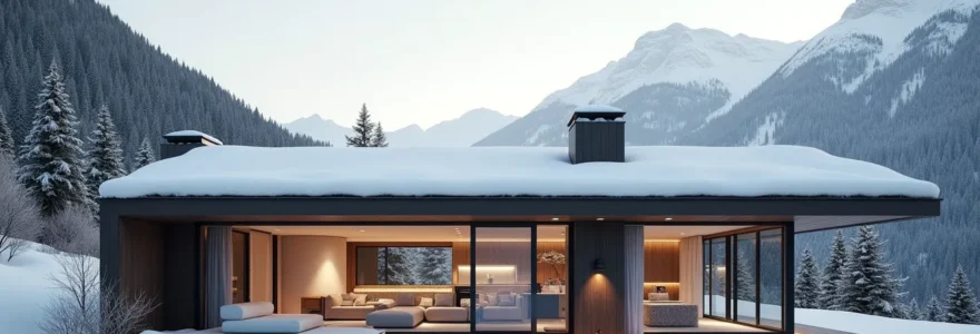 Photographie réaliste d'une maison contemporaine suisse avec un paysage alpin en arrière-plan, capturant l'essence du rêve immobilier suisse, composition soignée avec espace négatif clair
