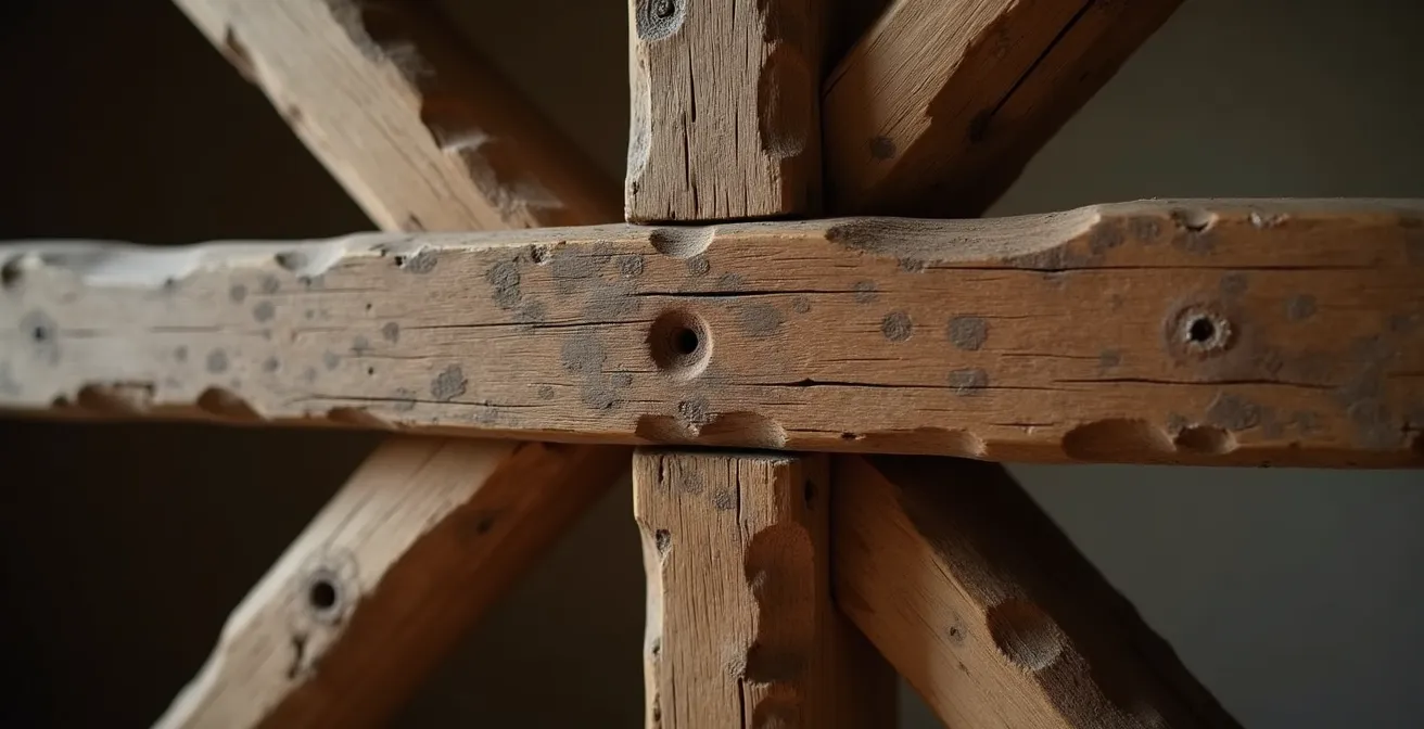 Gros plan sur colombages traditionnels rouennais avec jeu d'ombres et lumières