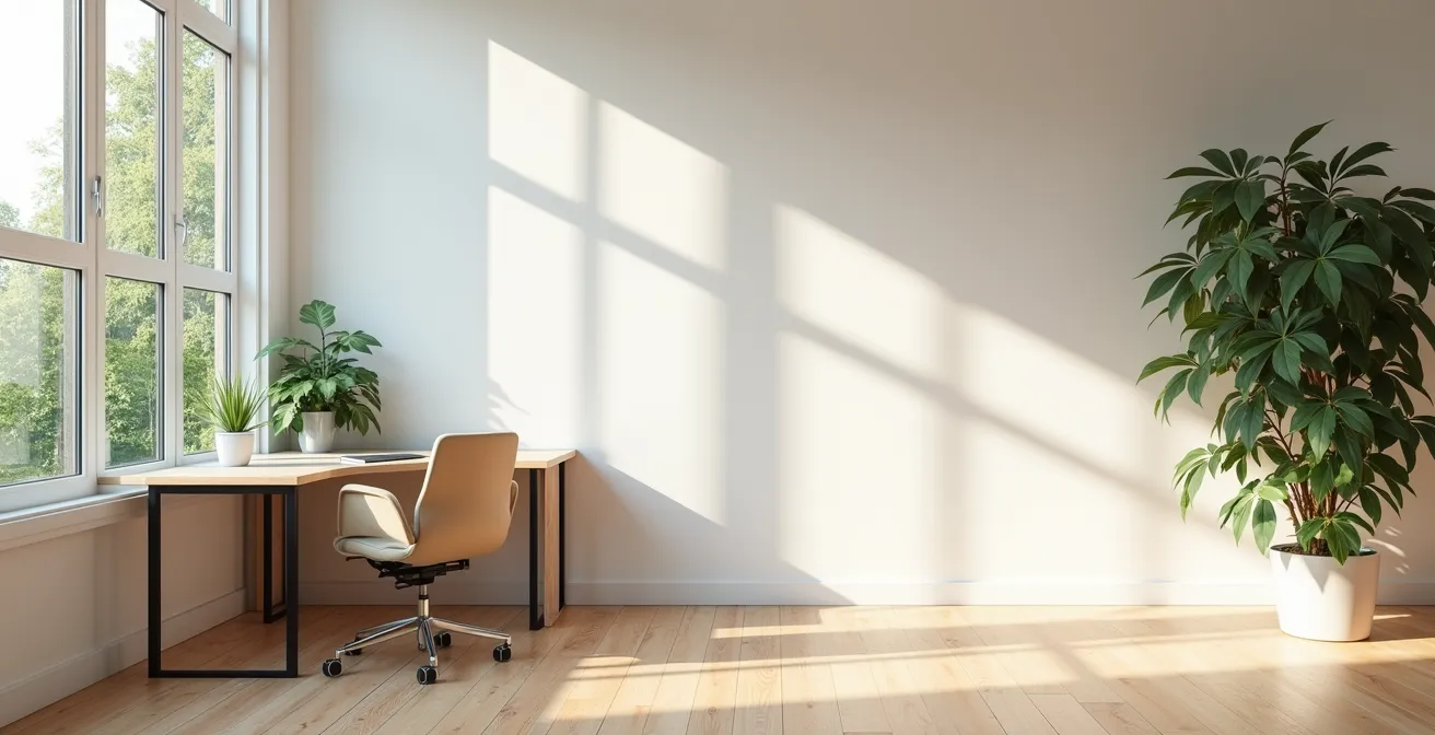 Espace de travail moderne dans une maison avec vue sur jardin