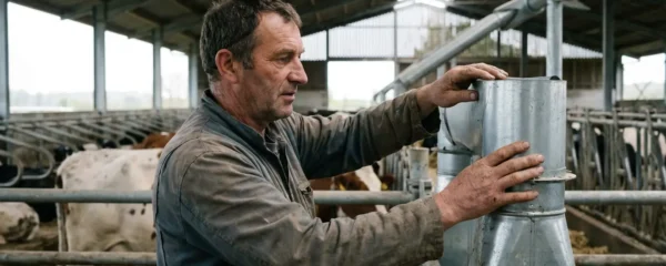 Agriculteur inspectant système de ventilation dans stabulation moderne pour rénovation énergétique CEE