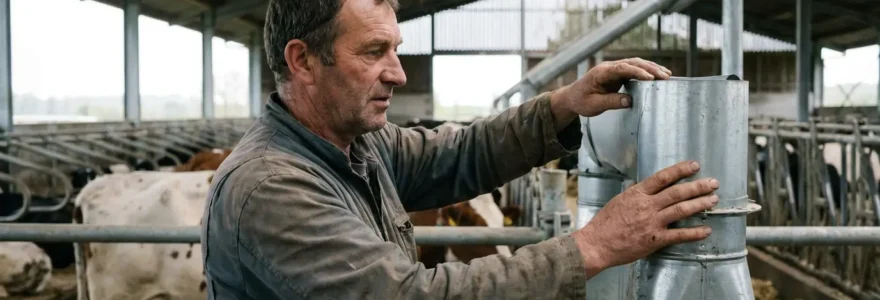 Agriculteur inspectant système de ventilation dans stabulation moderne pour rénovation énergétique CEE