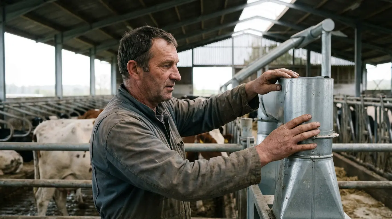 Agriculteur inspectant système de ventilation dans stabulation moderne pour rénovation énergétique CEE