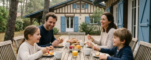 Famille prenant le petit-déjeuner sur terrasse villa côte landaise location vacances