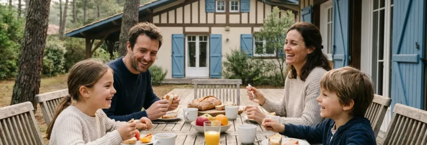 Famille prenant le petit-déjeuner sur terrasse villa côte landaise location vacances