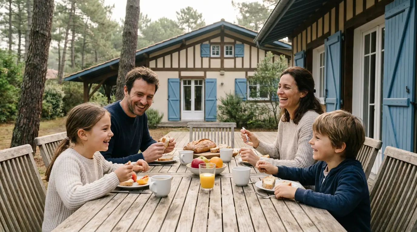 Famille prenant le petit-déjeuner sur terrasse villa côte landaise location vacances