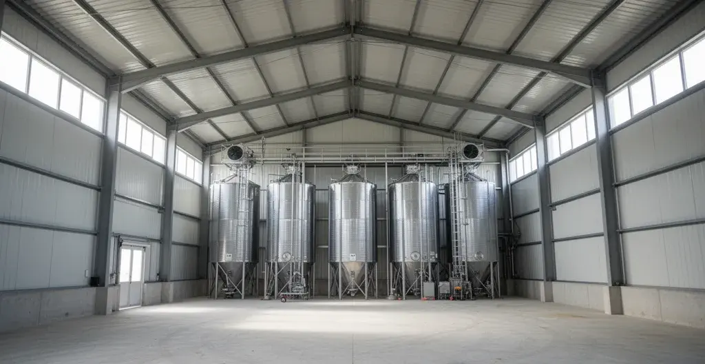 Intérieur de hangar de stockage agricole avec système de ventilation régulé éligible CEE