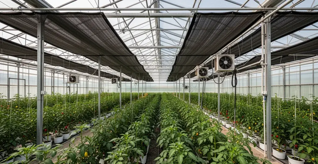 Intérieur de serre horticole avec écrans thermiques et système de régulation climatique CEE