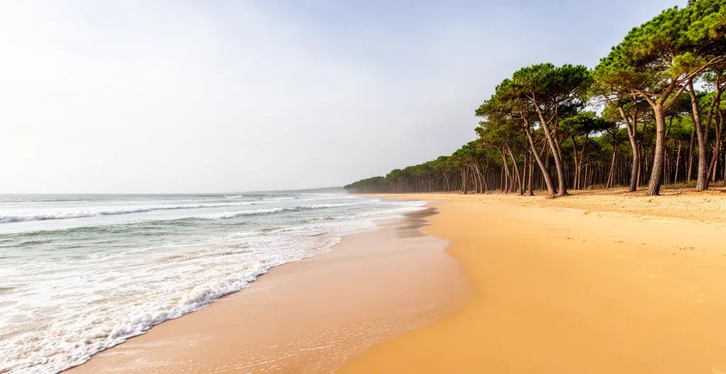 Plage déserte côte landaise avec pins maritimes et vagues douces location Seignosse
