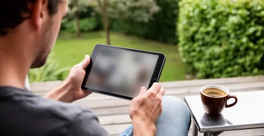 Personne consultant tablette sur terrasse recherche location vacances Hossegor