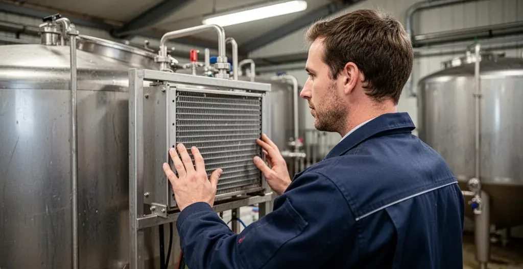 Technicien vérifiant récupérateur de chaleur sur tank à lait dans exploitation laitière moderne
