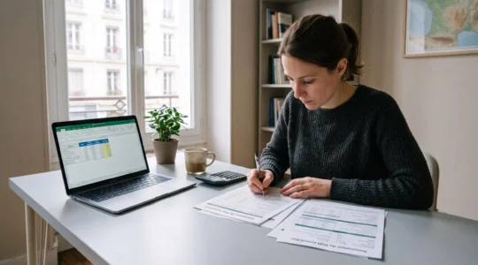 Personne assise à un bureau contemporain analysant des documents de simulation de crédit immobilier avec calculatrice et ordinateur portable, dans un cadre de bureau résidentiel français moderne avec lumière naturelle
